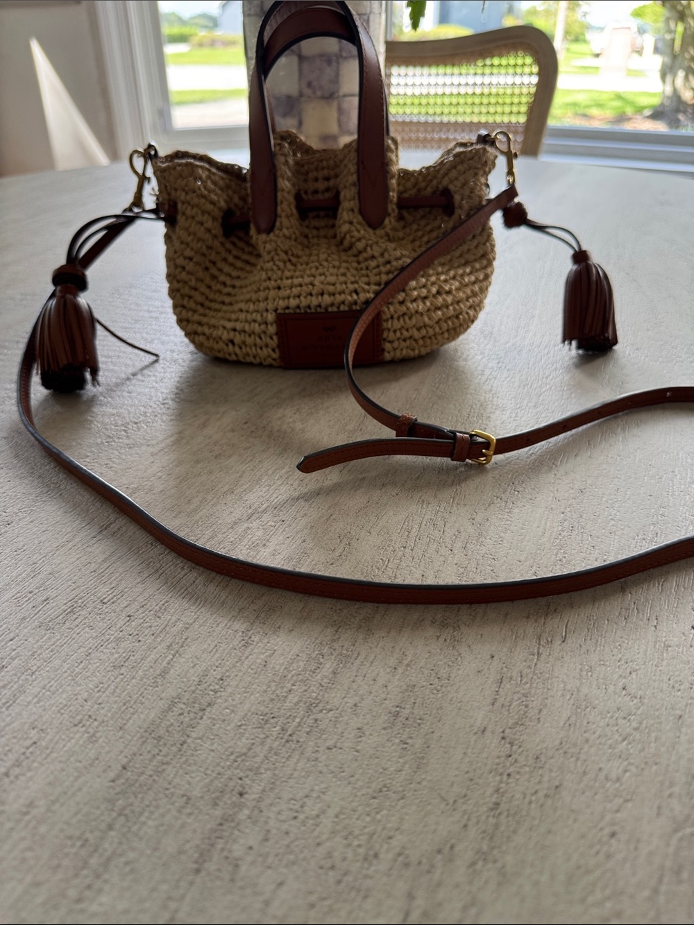 Anya Hindmarch Beige Straw Crossbody with Brown Leather Trim and Tassels